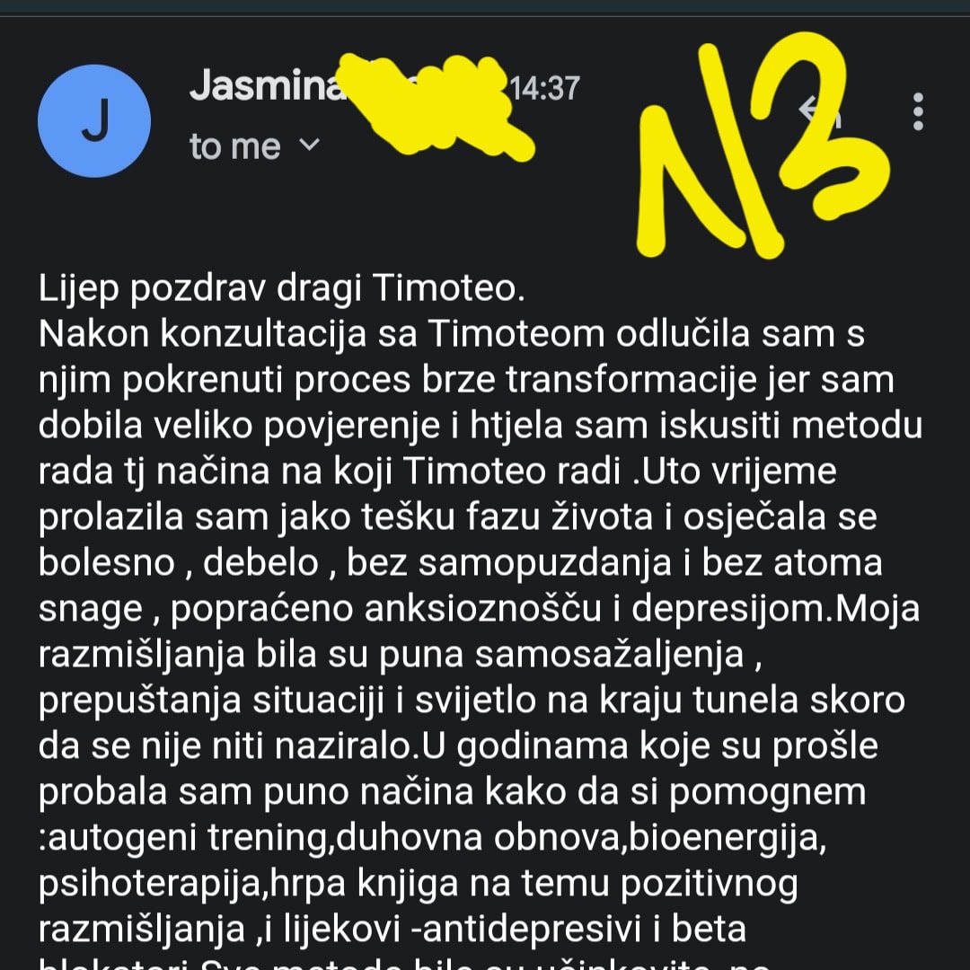 Snimka zaslona e-mail svjedočanstva na mobitelu