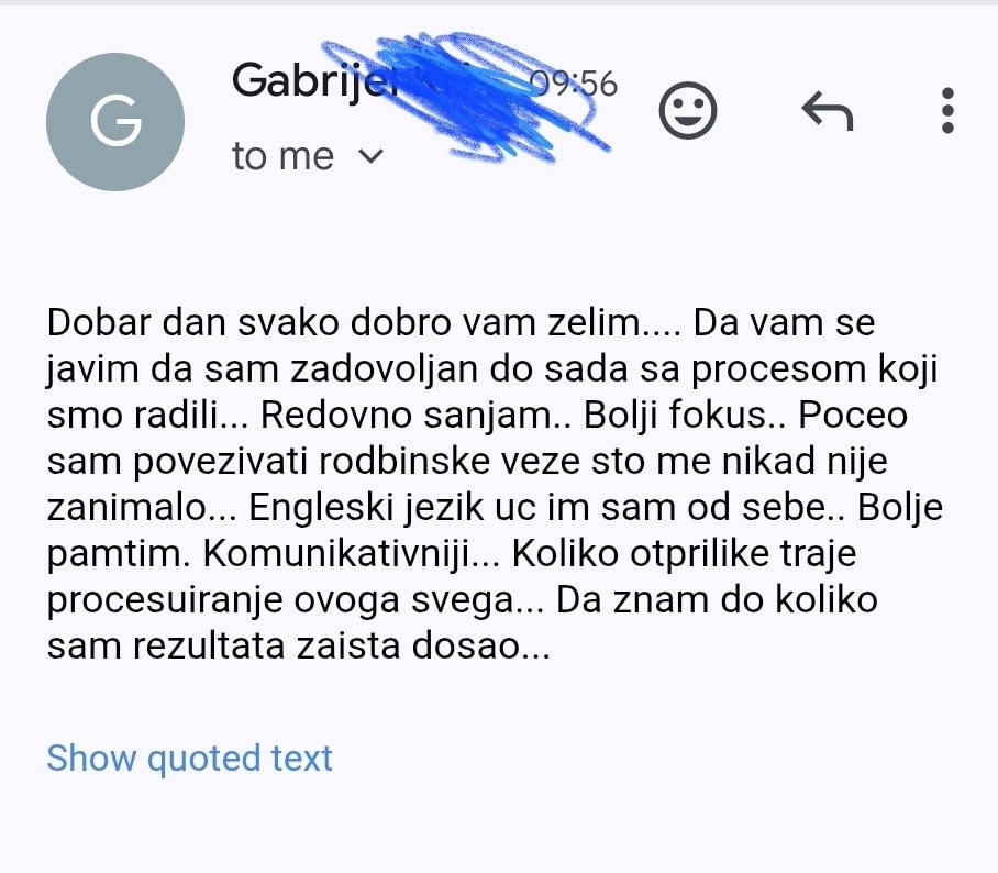 Snimka zaslona e-mail poruke o hipnoterapiji Timotea Crnkovića na hrvatskom jeziku
