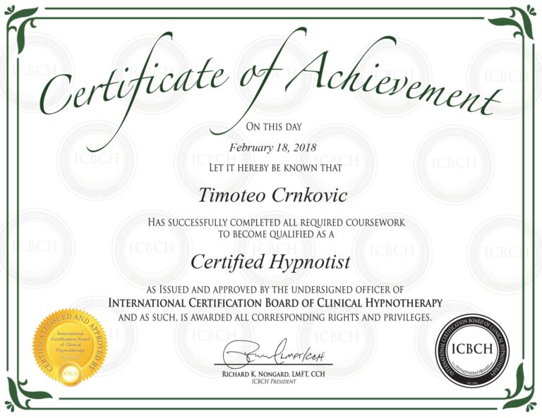 Certifikat za profesionalnog hipnotizera iz 2018. - internacionalni certifikacijski odbor za kliničku hipnoterapiju