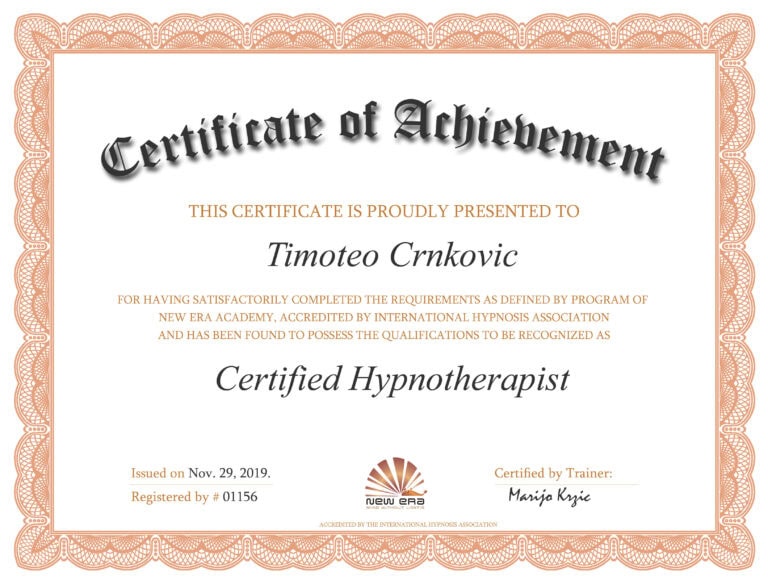 Certifikat o postignuću za certificiranog hipnoterapeuta - Internacionalna asocijacija za hipnozu