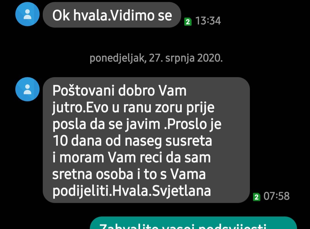 Snimka zaslona SMS poruka na hrvatskom jeziku Timoteu Crnkoviću