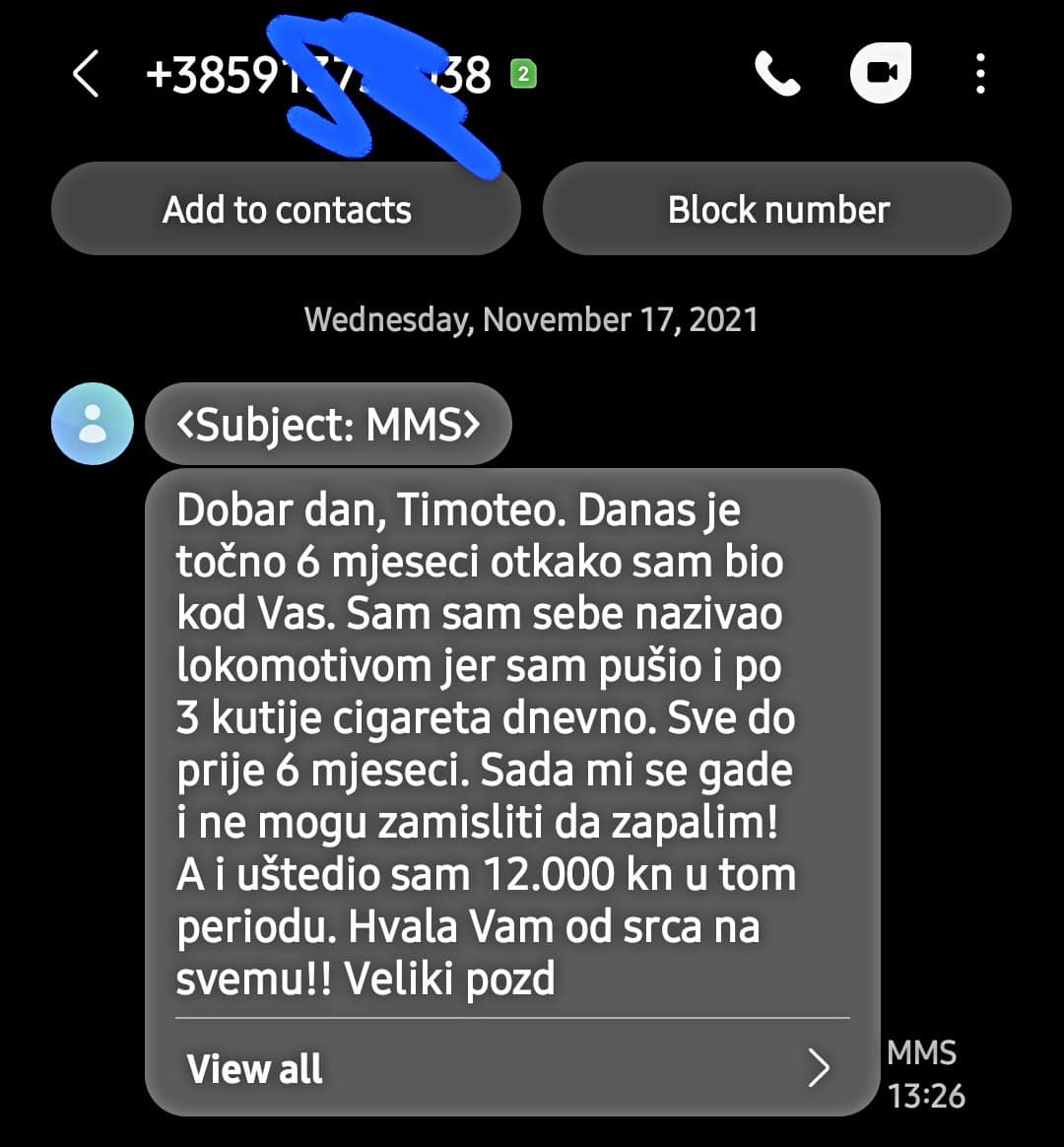 Snimka zaslona SMS poruke o prestanku pušenja sa Timoteo Crnkovićem