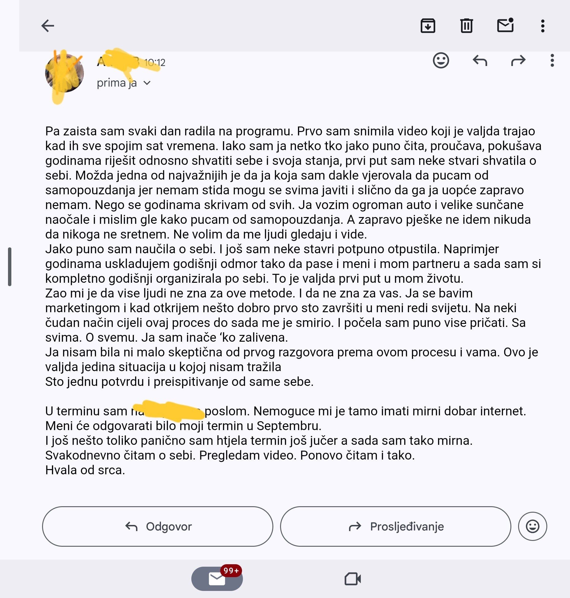 Snimka zaslona e-mail poruke na hrvatskom jeziku