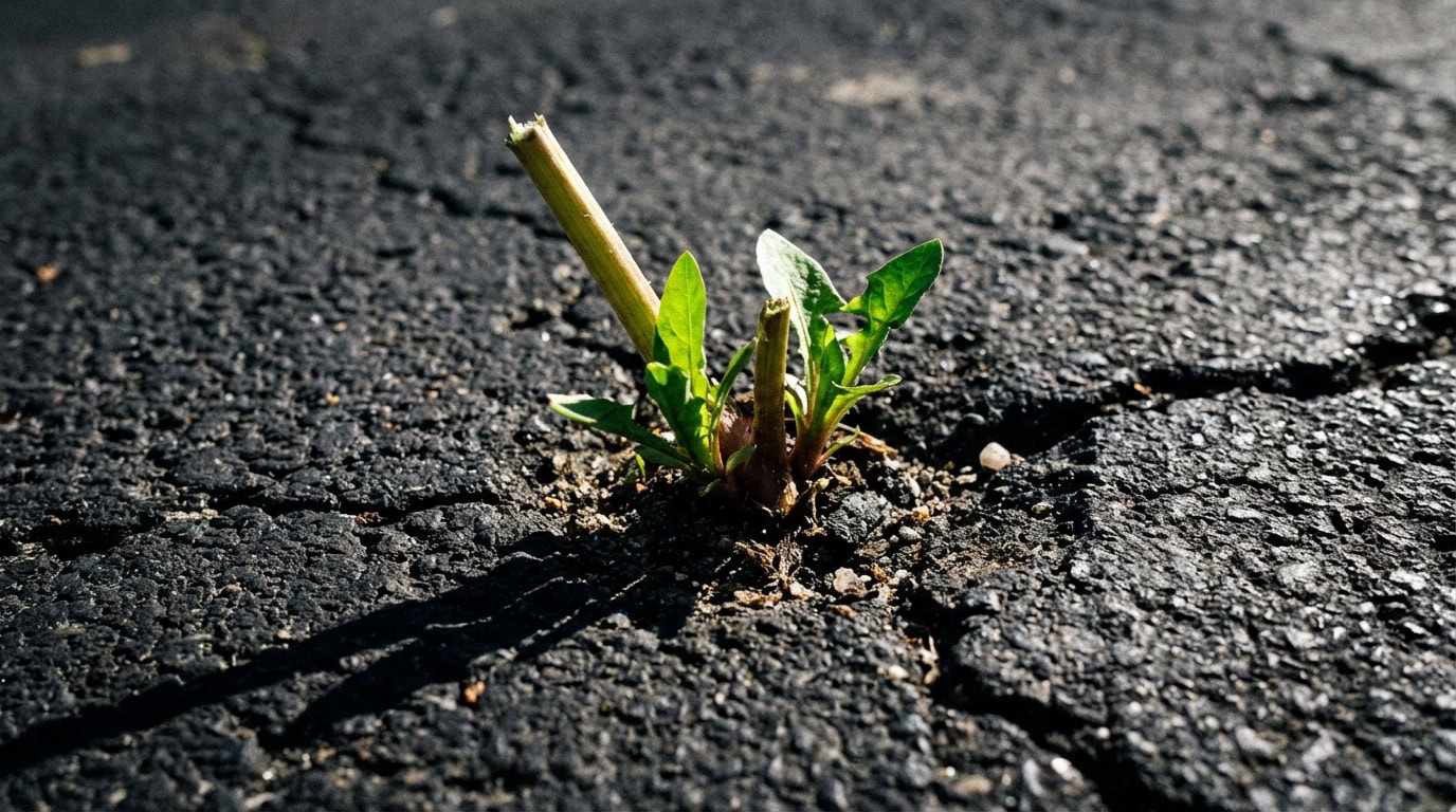 erp terapija okp povratak simptoma Odrezani maslačak iz kojeg već rastu novi izdanci kroz pukotinu u asfaltu, metafora za OKP simptome koji se vraćaju nakon površinskog tretmana poput ERP terapije