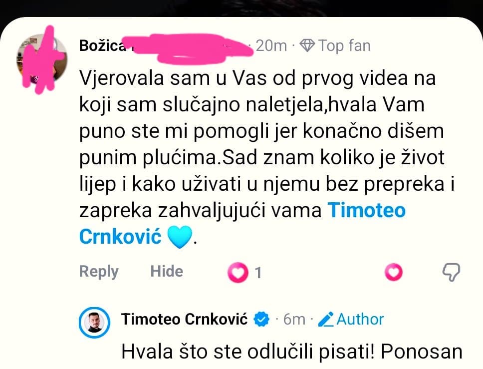 Snimka zaslona komentara zahvale na društvenoj mreži