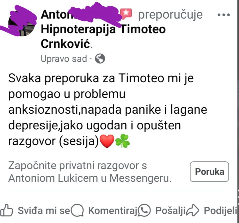 Facebook preporuka za hipnoterapiju Timoteo Crnković