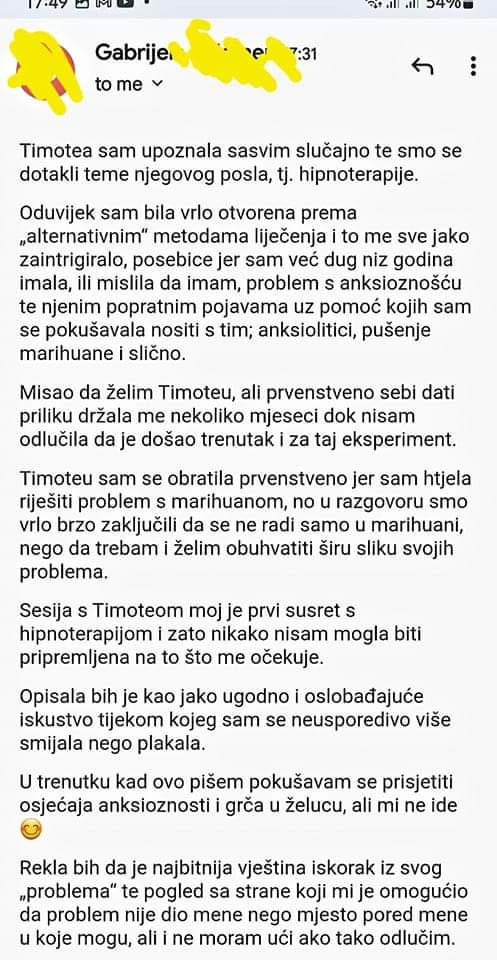 Snimka zaslona e-maila o iskustvu hipnoterapije Timotea Crnkovića