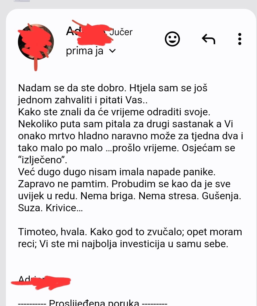 Snimka e-poruke zahvale hipnoterapeutu nakon oporavka od napada panike i anksioznosti