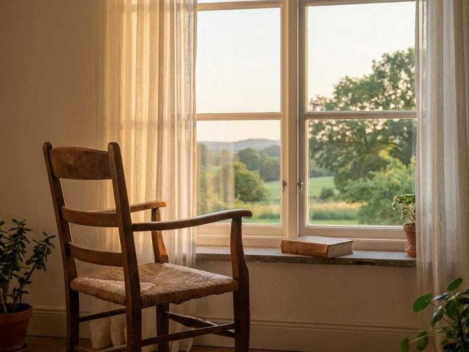 hipnoterapija okp prostor za promjenu Prazna stolica okrenuta prema prozoru s jutarnjim svjetlom , simbolizira prostor za terapeutski rad i mogućnost promjene kod osoba s opsesivnim mislima