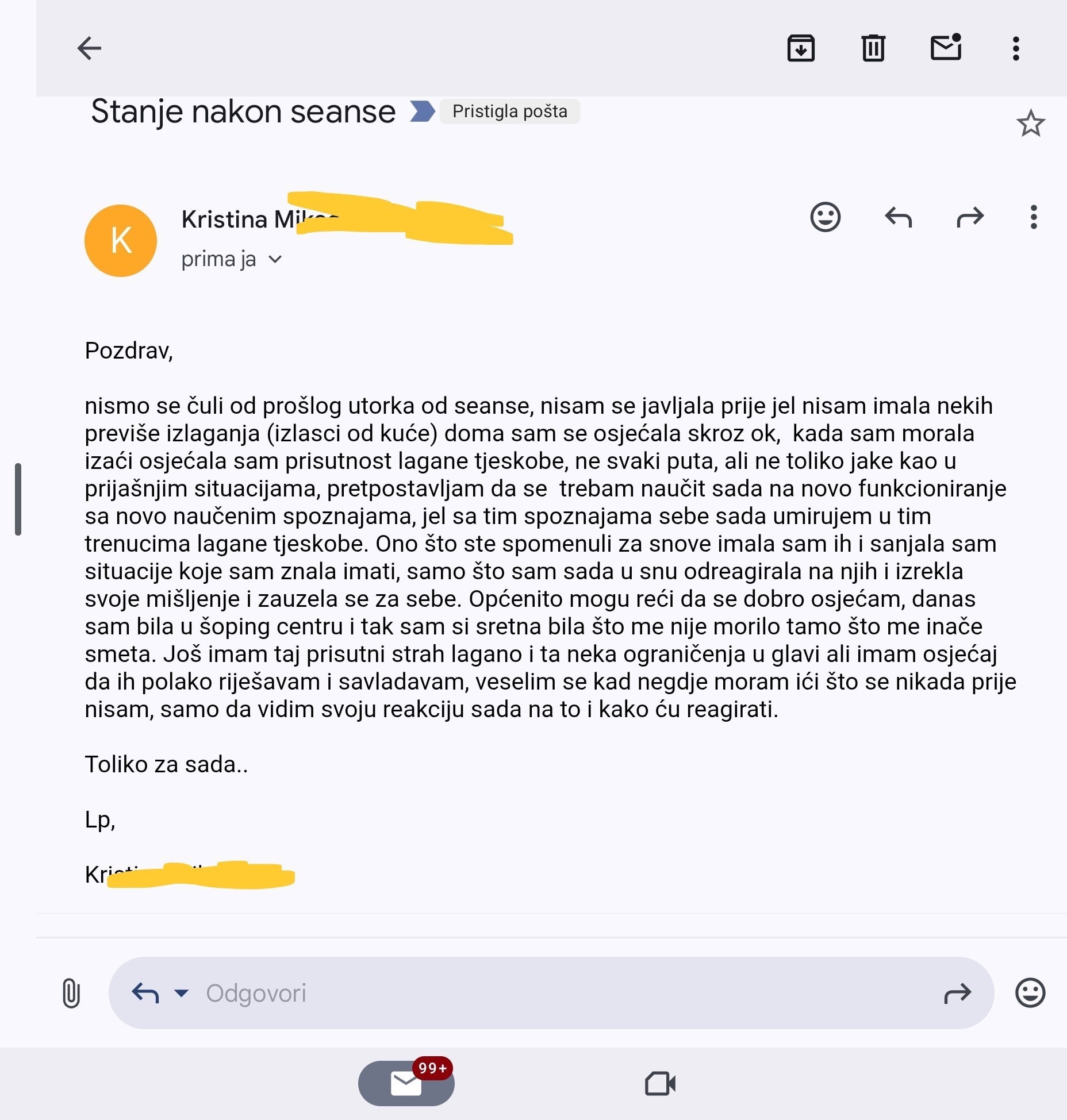 Snimka zaslona e-maila o stanju nakon seanse