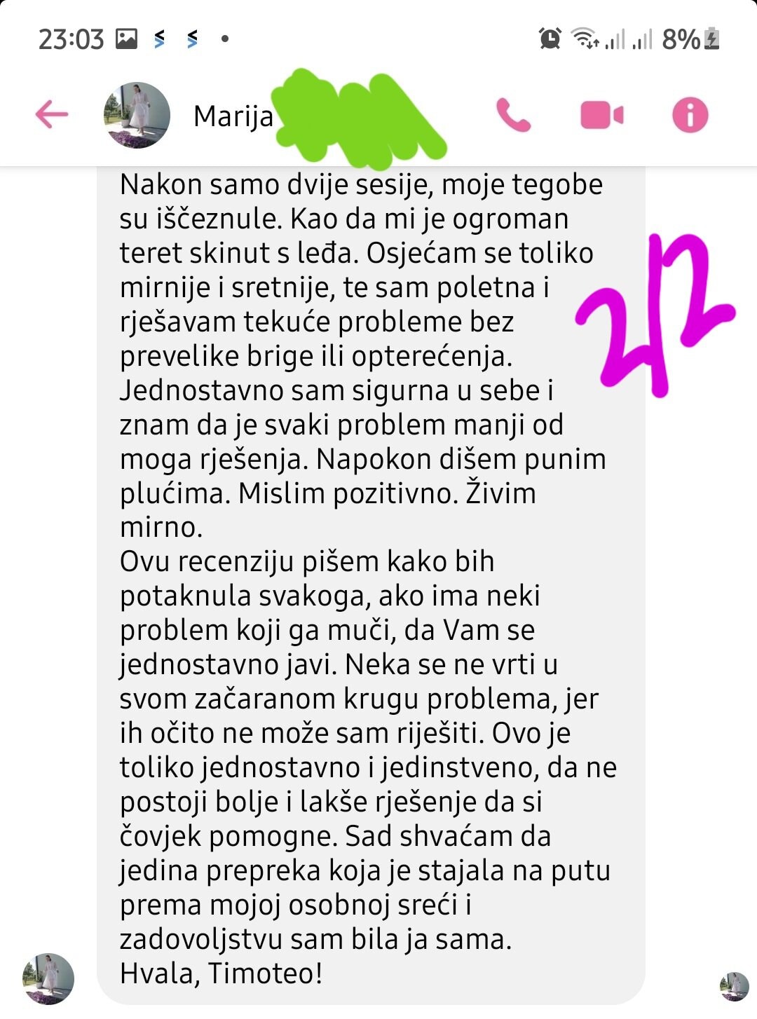 Snimka zaslona poruke s pozitivnom recenzijom za Timotea Crnkovia