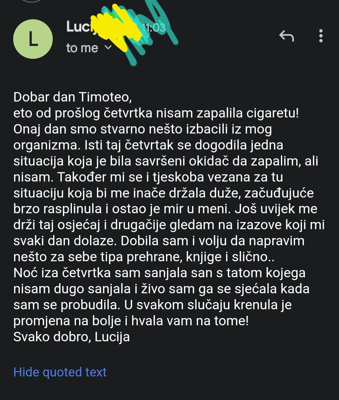 Snimka zaslona e-poruke o prestanku pušenja i oporavku hipnozom