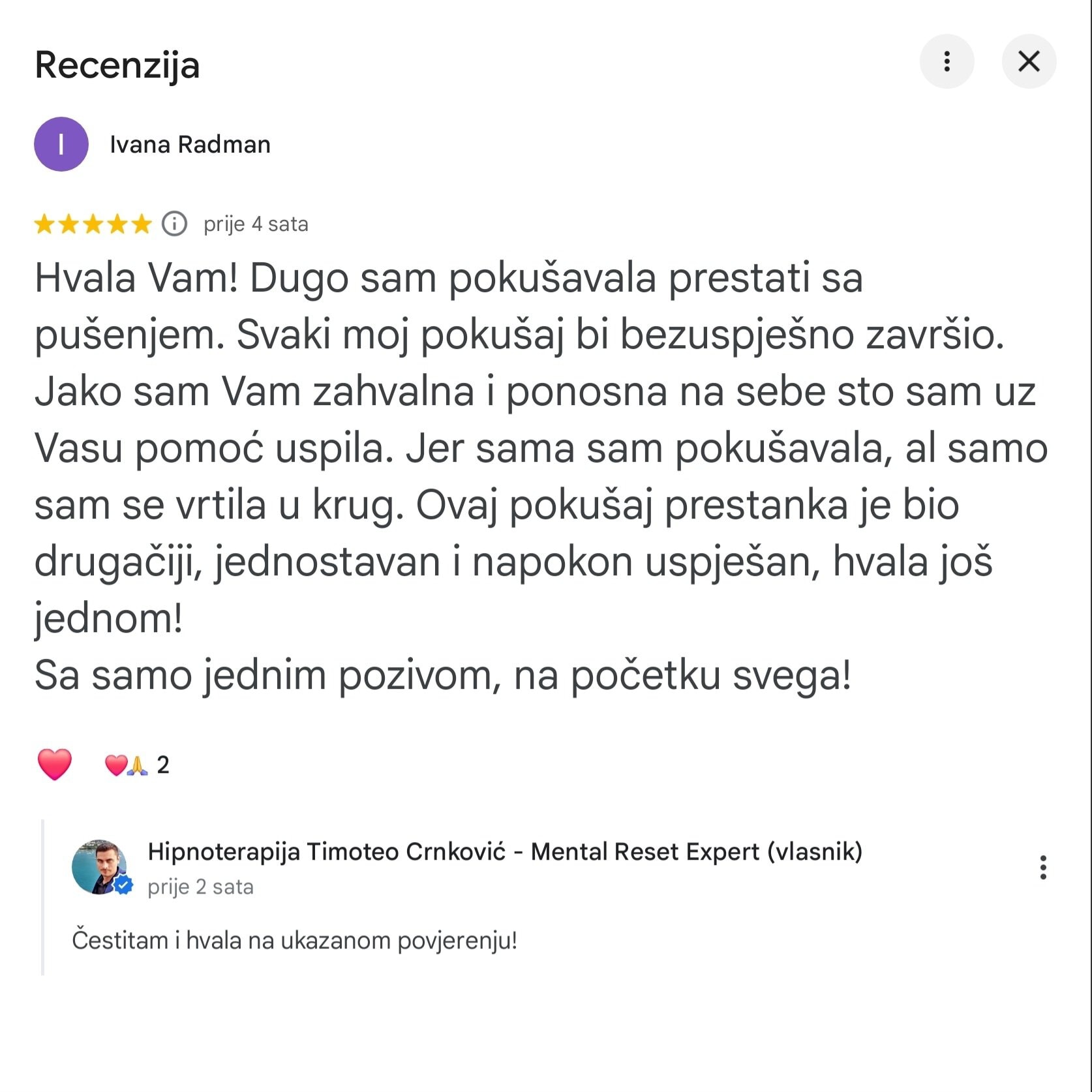 Recenzija Ivane Radman s pet zvjezdica o prestanku pušenja pomoću hipnoze protiv pušenja