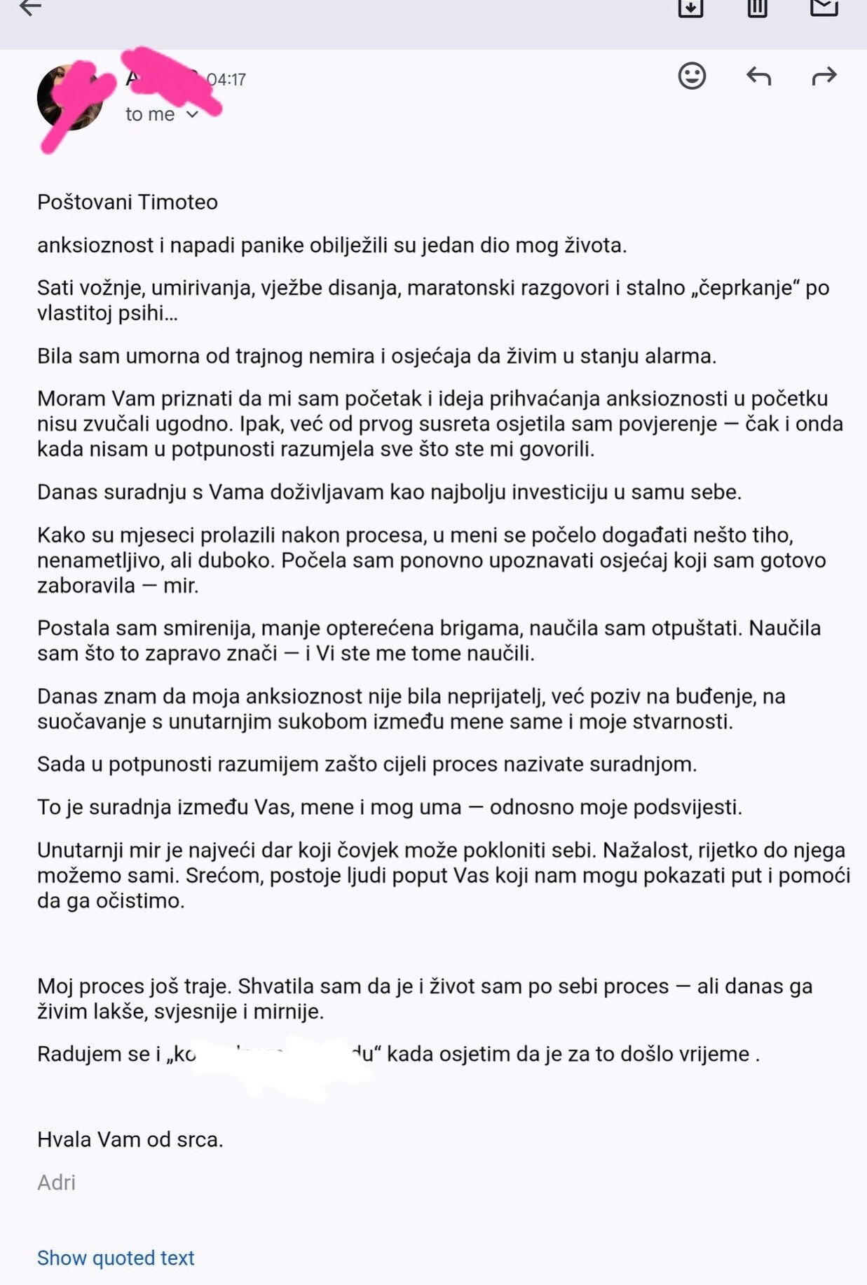 Snimka e-mail poruke o anksioznosti i zahvalnosti