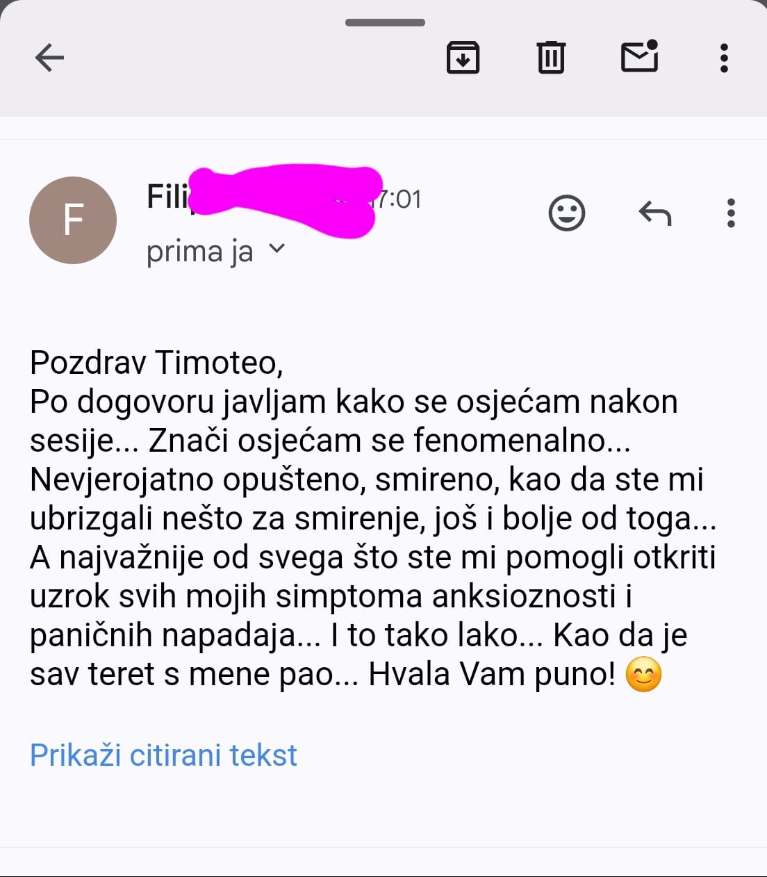 Snimka e-mail poruke zahvale nakon terapijske sesije za napade panike i anksioznost