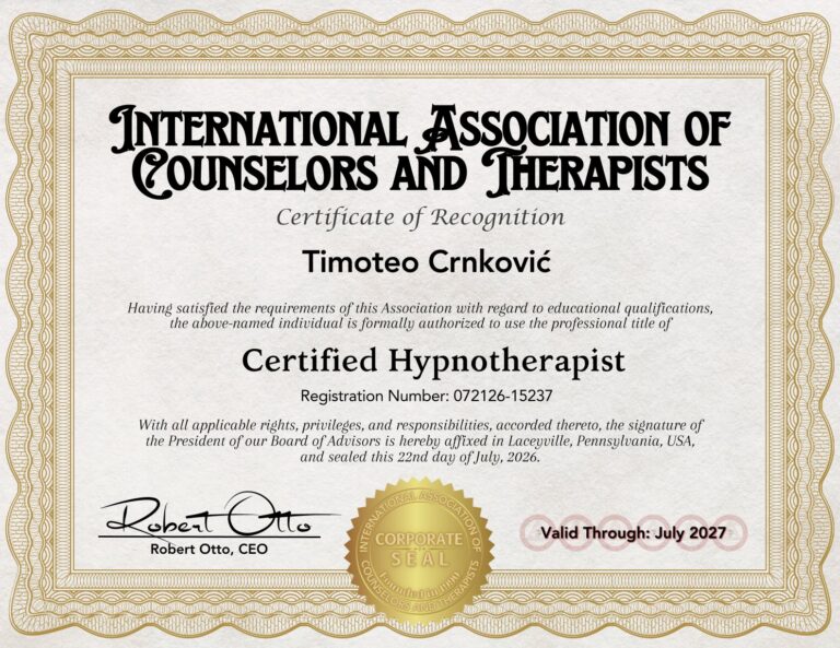 IACT certifikat za certificiranog hipnoterapeuta - Timoteo Crnković