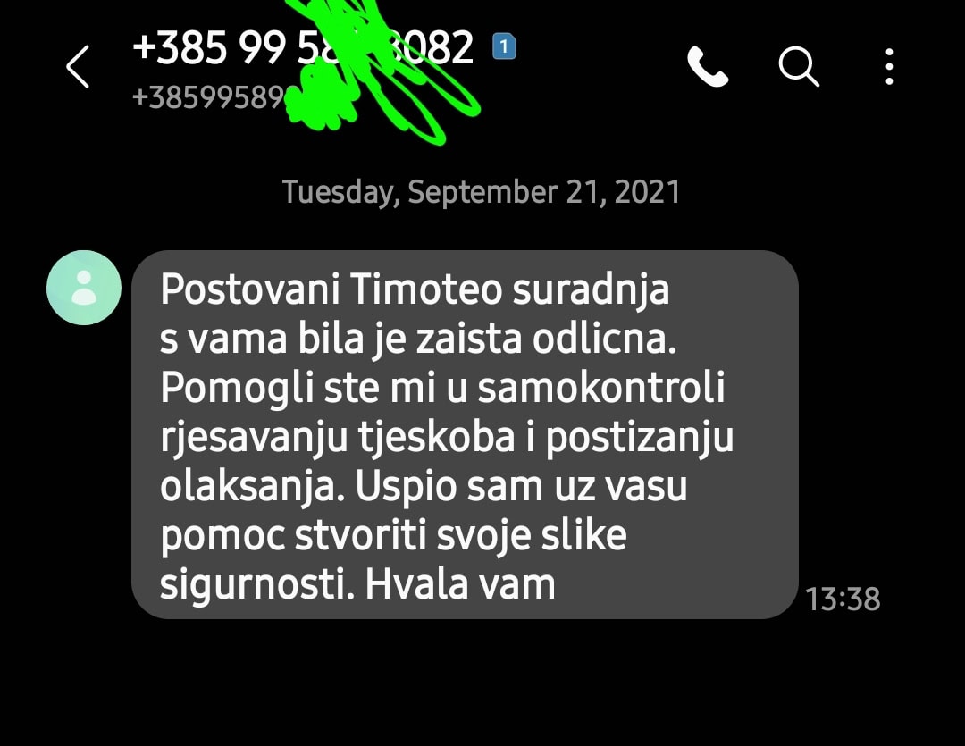 Snimka zaslona poruke zahvale za psihološku podršku