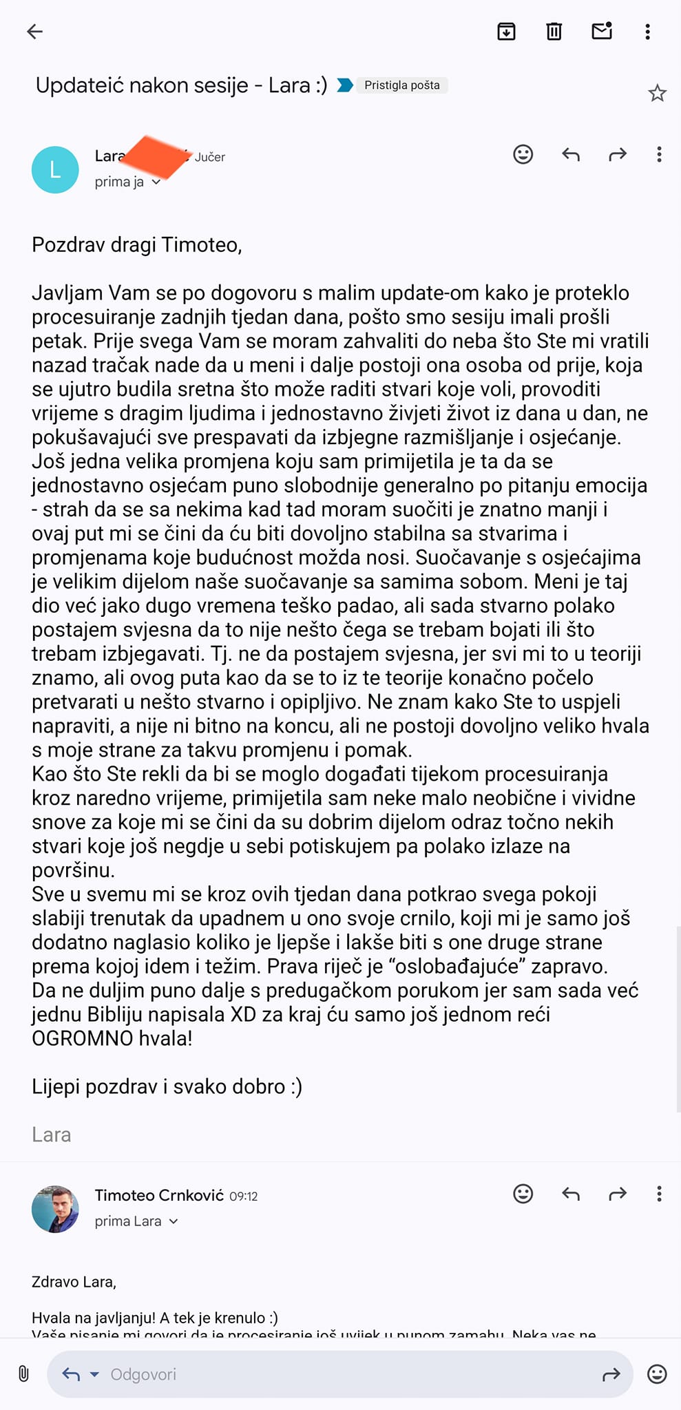 Snimka zaslona e-maila s osobnim osvrtom na suradnju sa TImoteom Crnkovićem