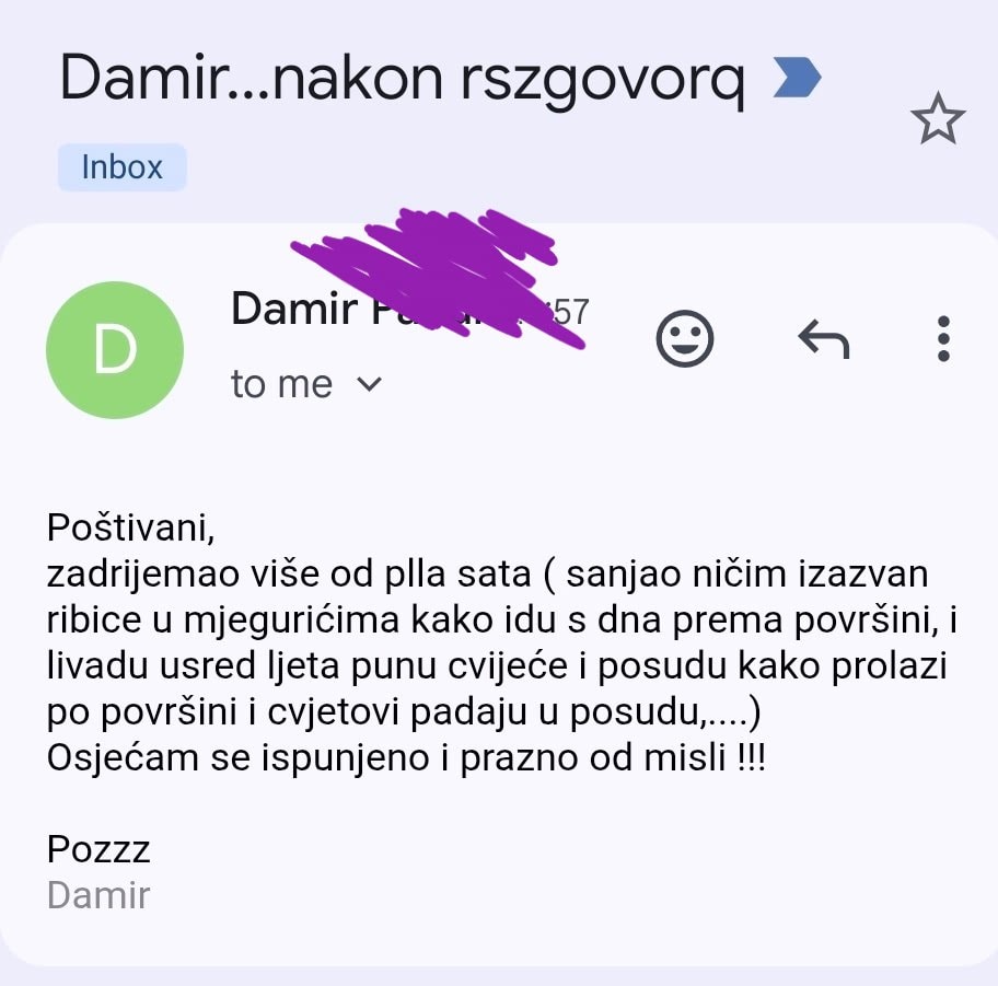 Snimka zaslona e-mail poruke na mobitelu