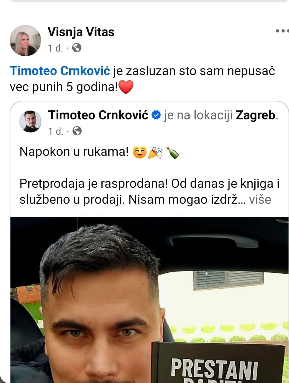 Facebook komentar Višnje Vitas o tome da je već pet godina nepušač zahvaljujući Timoteu Crnkoviću