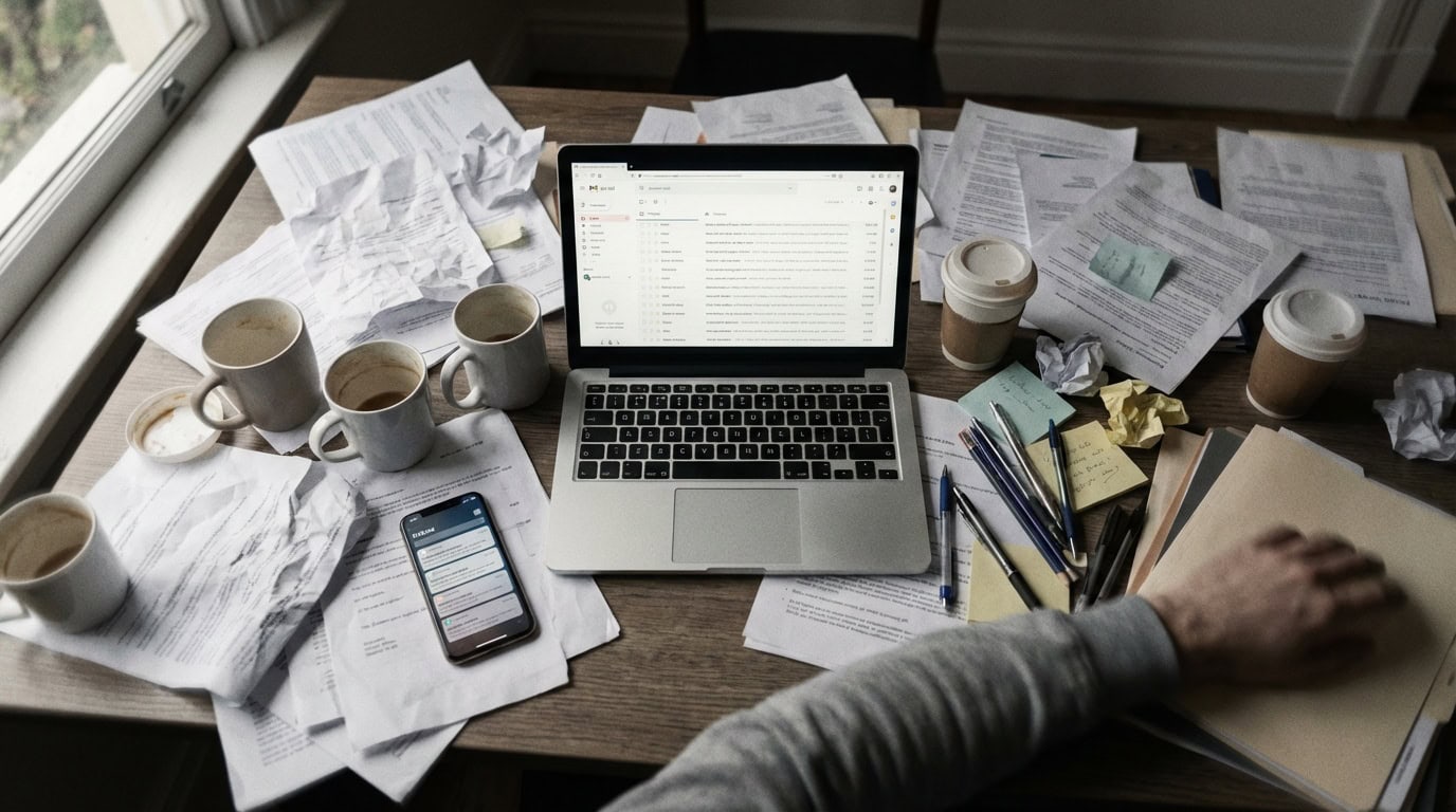 Pretrpani radni stol s gomilom papira i šalica kave prikazuje kronični stres koji dovodi do napada panike