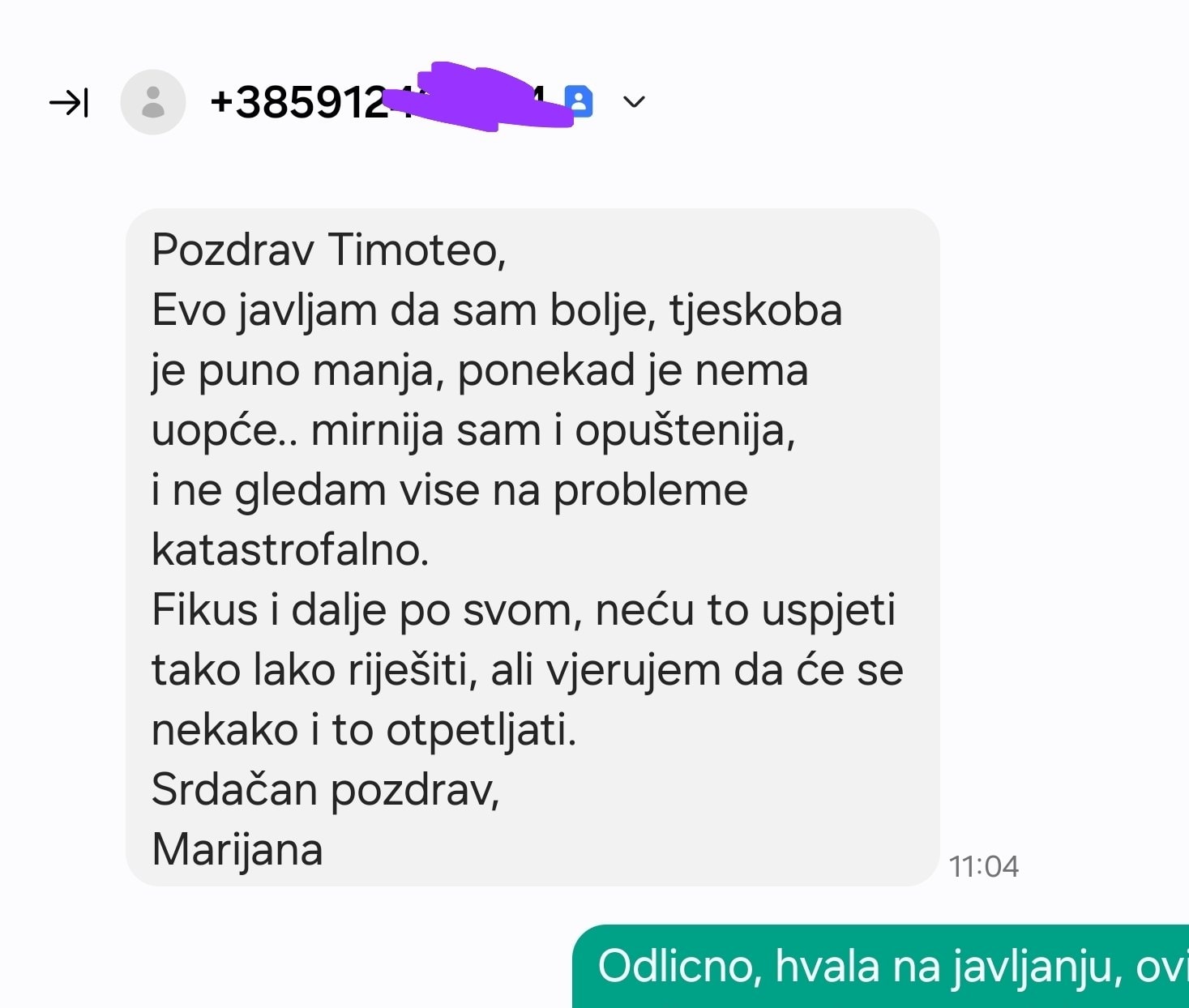 Snimka zaslona SMS poruke o smanjenoj tjeskobi i hipnoze protiv nesanice