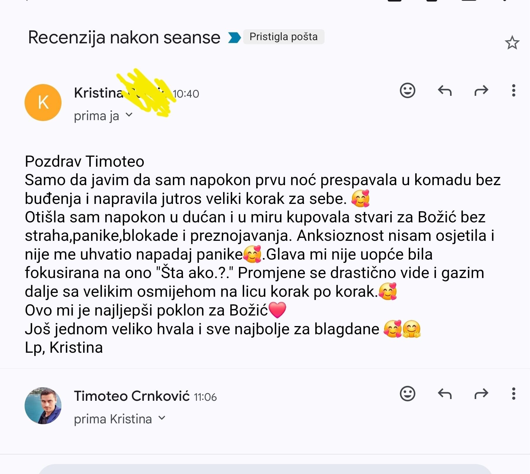 Email recenzija nakon terapijske seanse i najboljeg lijeka protiv anksioznosti