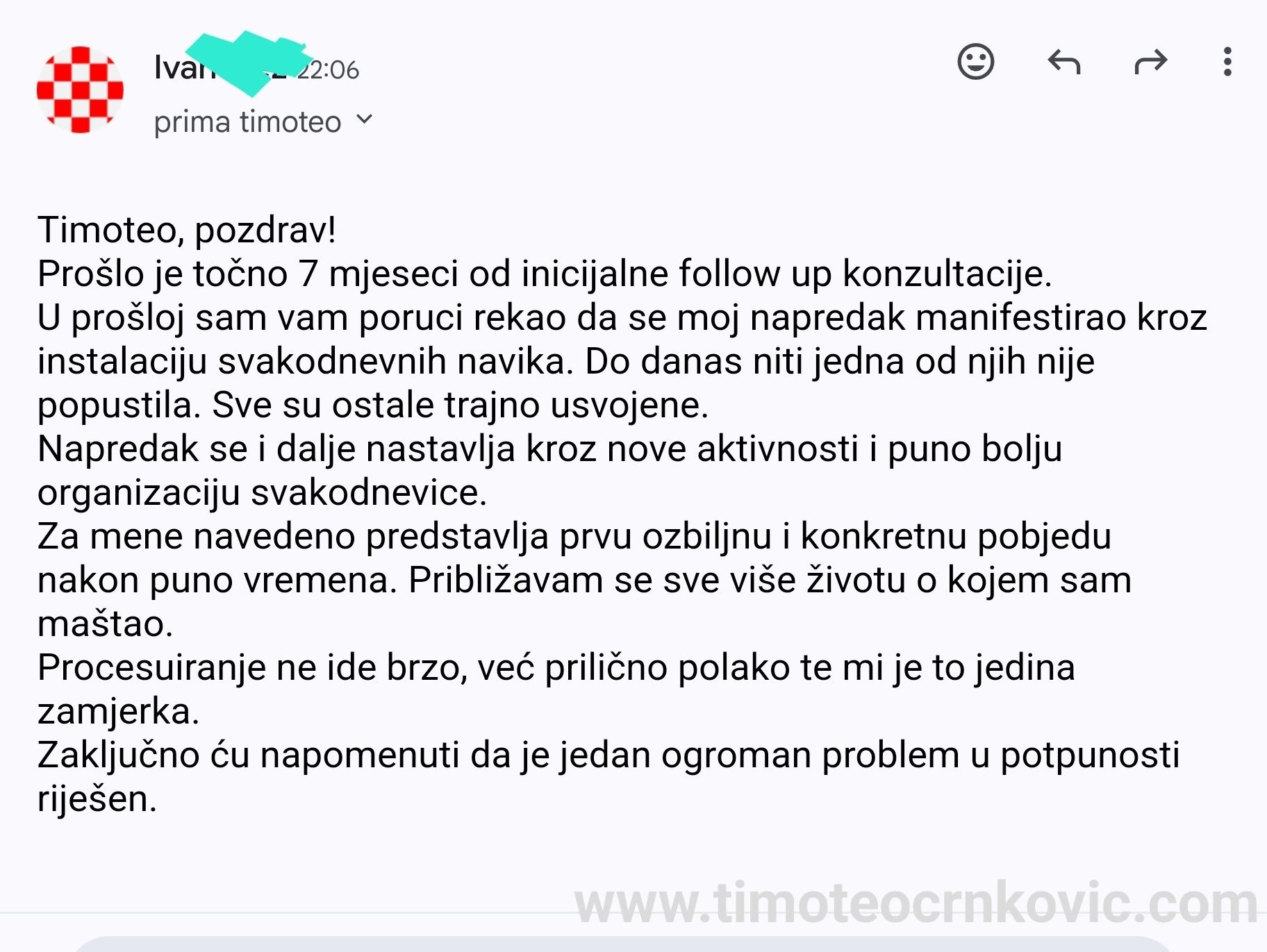Snimka e-mail poruke o osobnom napretku nakon rada sa TImoteom