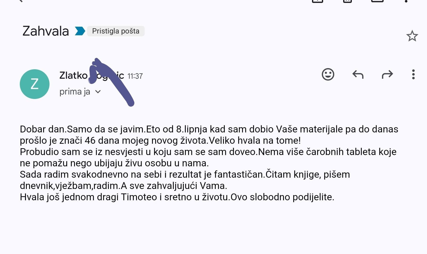 Snimka zaslona e-mail poruke zahvale