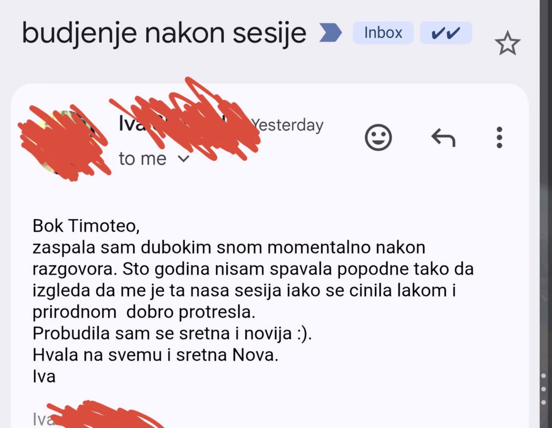 Snimka zaslona e-maila o dojmovima nakon sesije