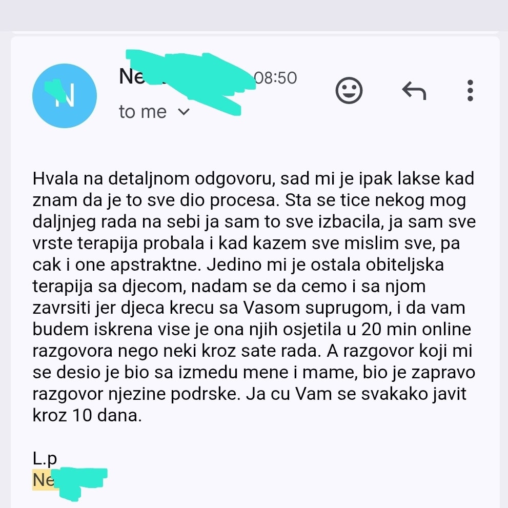 Snimka zaslona e-mail poruke o terapiji