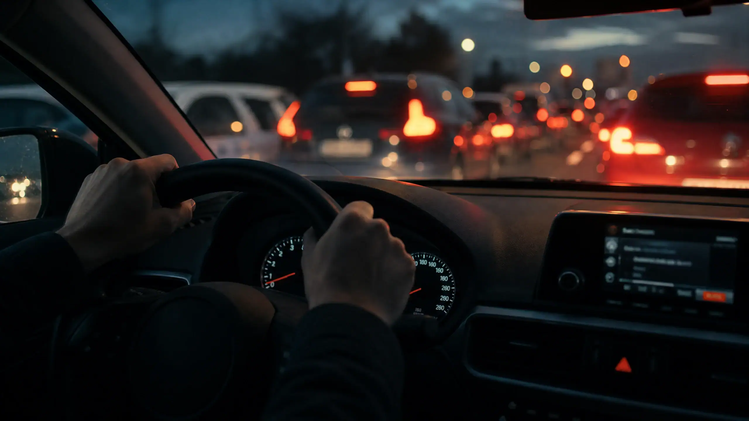 Ruke stegnute na volanu u koloni automobila, prvi napad panike u vožnji