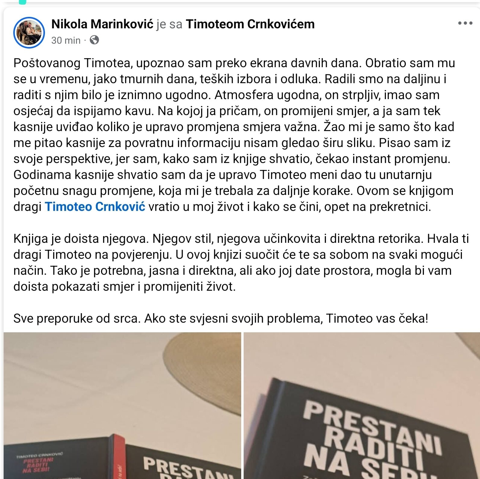 Facebook objava o knjizi Prestani raditi na sebi Timotea Crnkovića