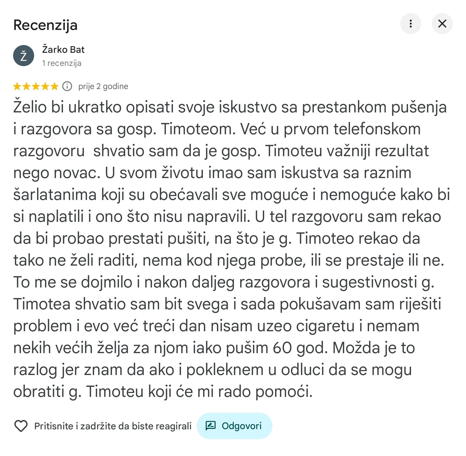 Google recenzija klijenta o prestanku pušenja i smanjenoj želji za cigaretom nakon rada s Timoteom Crnkovićem