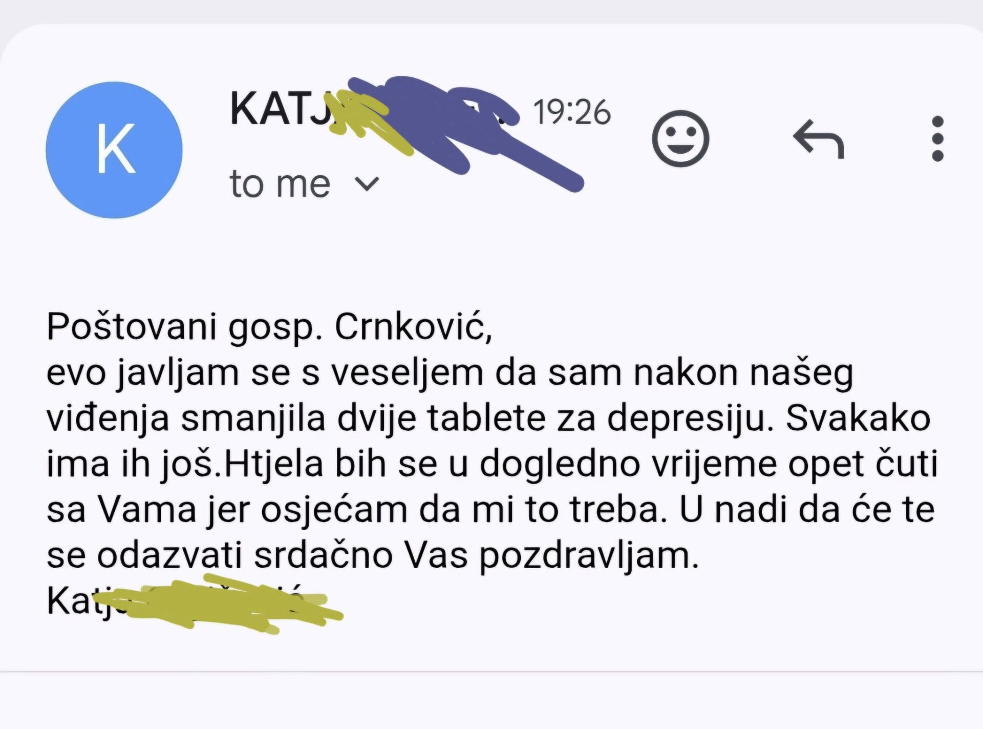 Snimka e-mail poruke o smanjenju terapije za depresiju