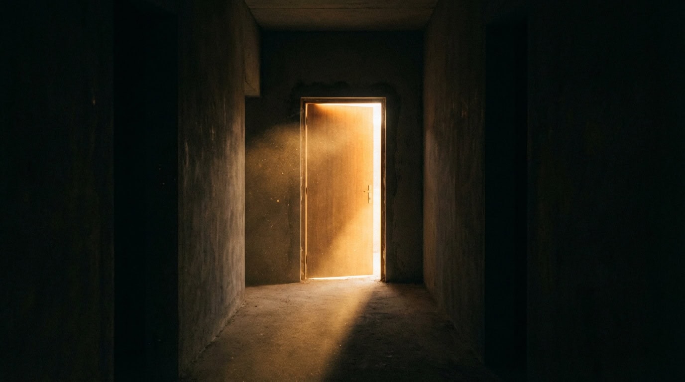 rjesenje napada panike hipnoterapija Otvorena vrata na kraju tamnog hodnika s toplim svjetlom — simboliziraju put od napada panike prema trajnom rješenju kroz hipnoterapiju