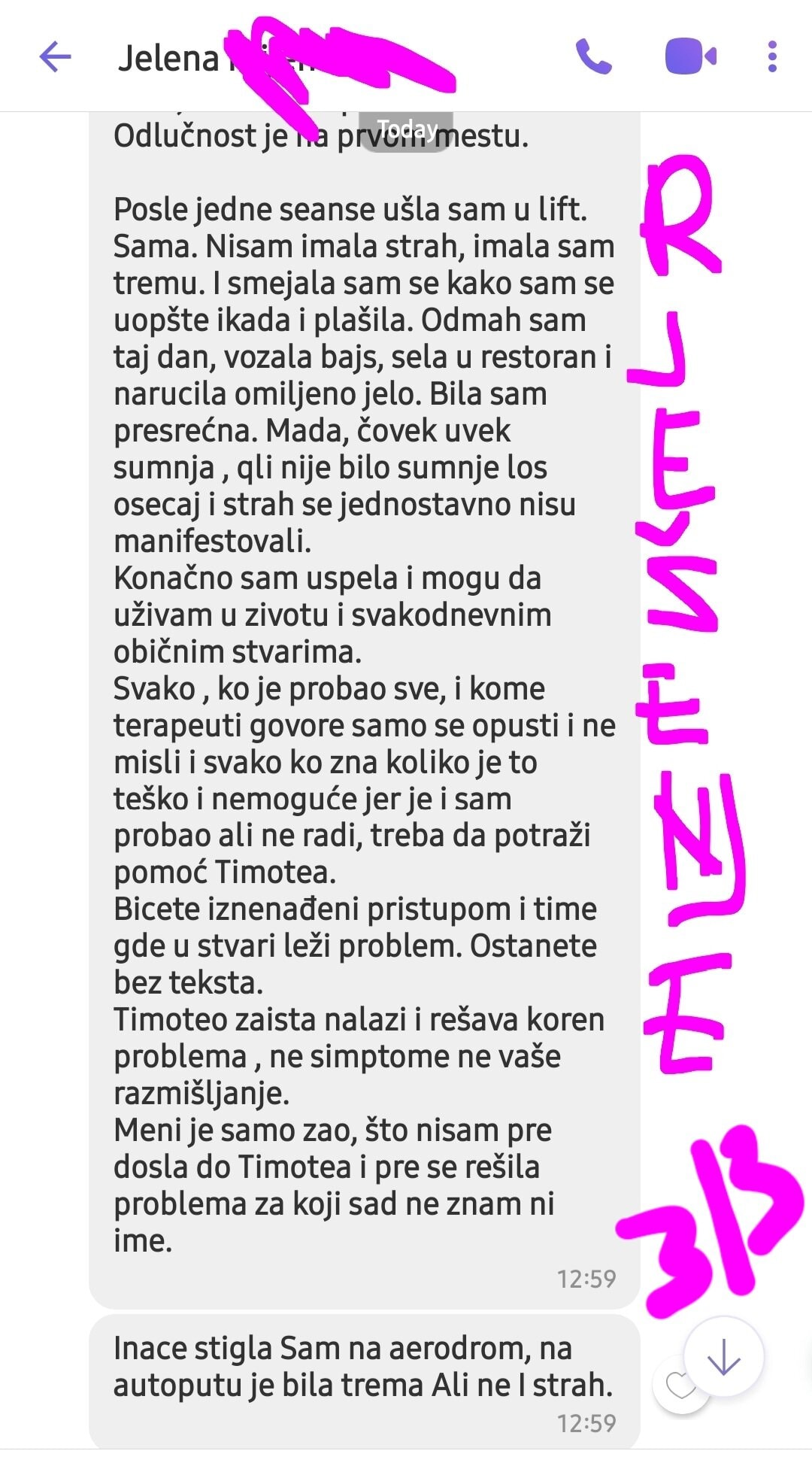 Snimka zaslona poruke s pozitivnim iskustvom terapije