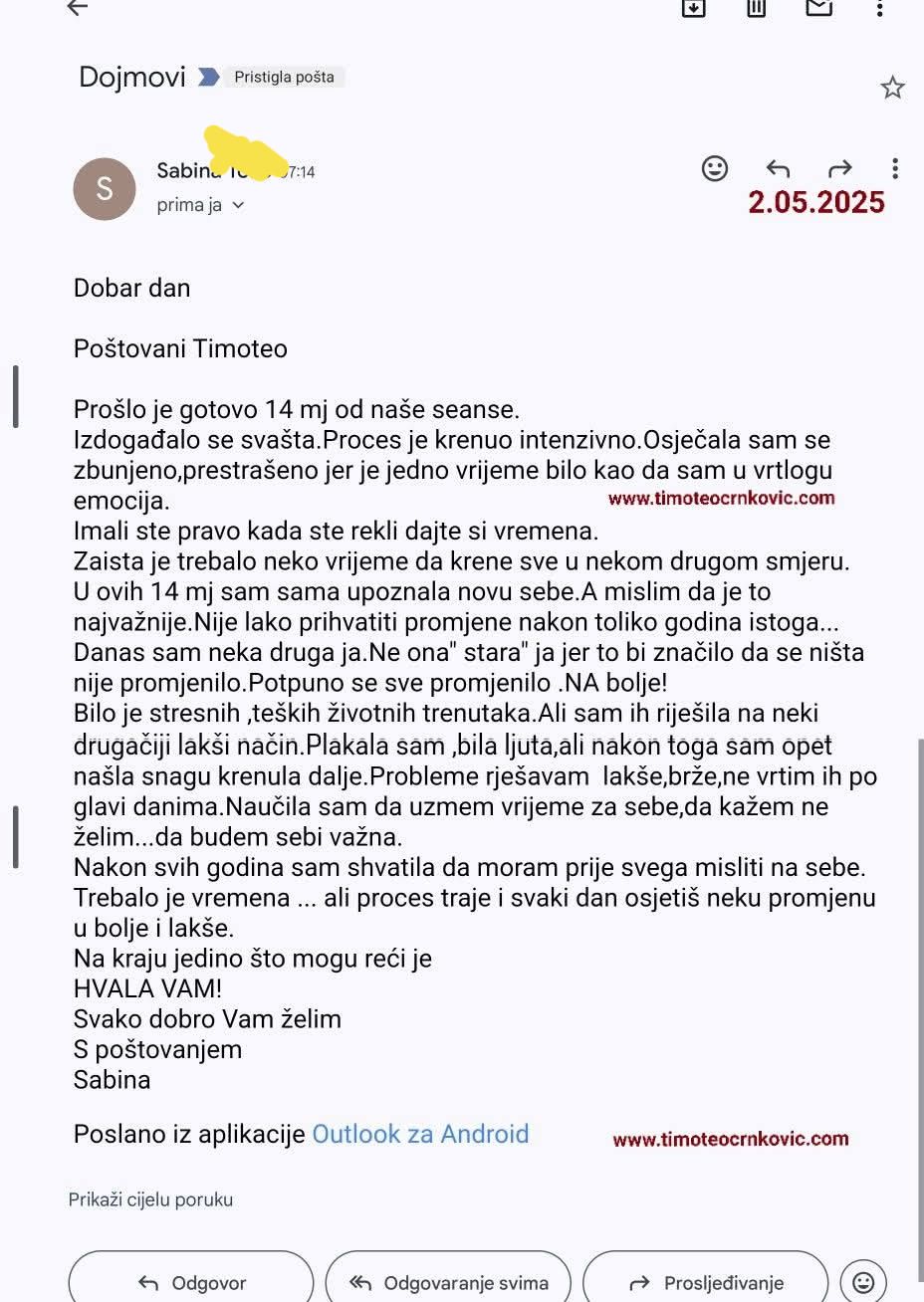Snimka zaslona e-mail poruke zahvale i dojma u radu sa Timoteom Crnkovićem