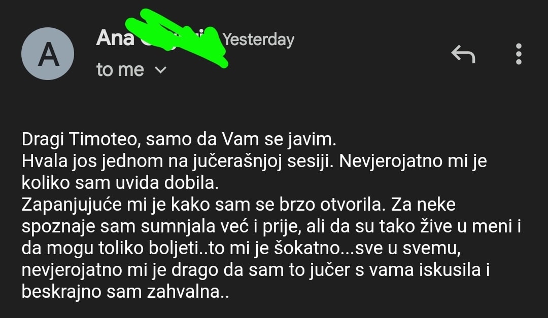 Snimka zaslona e-mail poruke zahvale Timoteu Crnkoviću