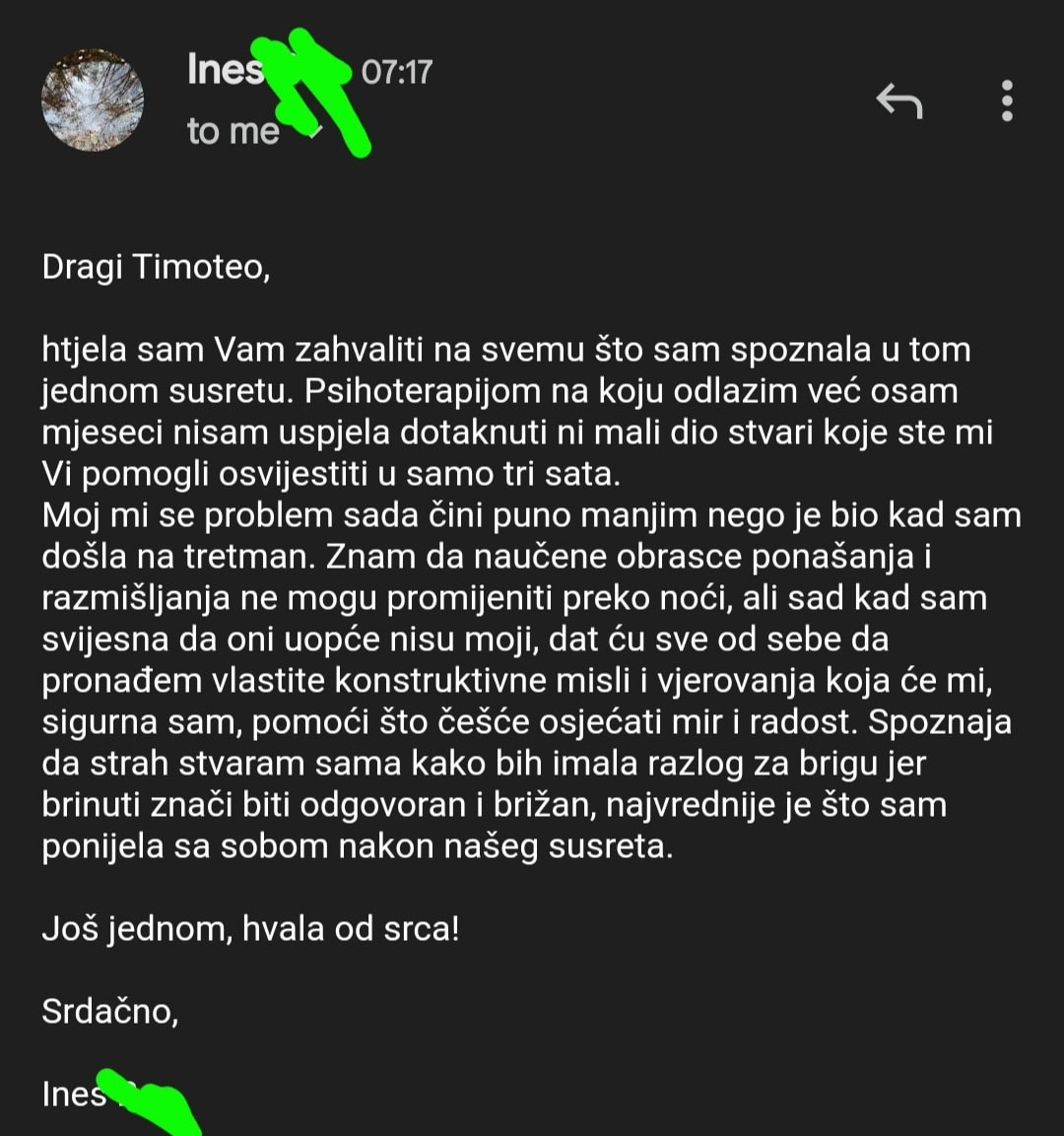 Snimka zaslona e-mail poruke zahvale terapeutu Timoteu Crnkoviću