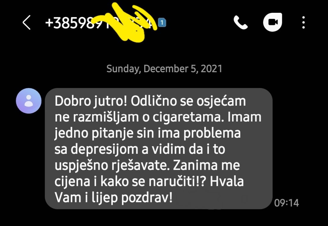 Snimka zaslona SMS poruke o depresiji za Timotea Crnkovića