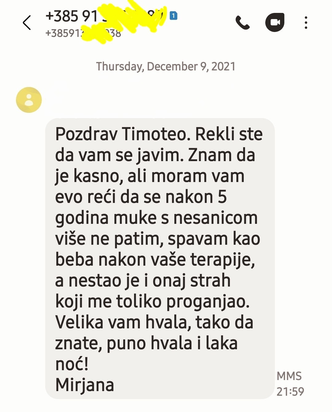 Snimka zaslona SMS poruke zahvale terapeutu Timoteu Crnkoviću