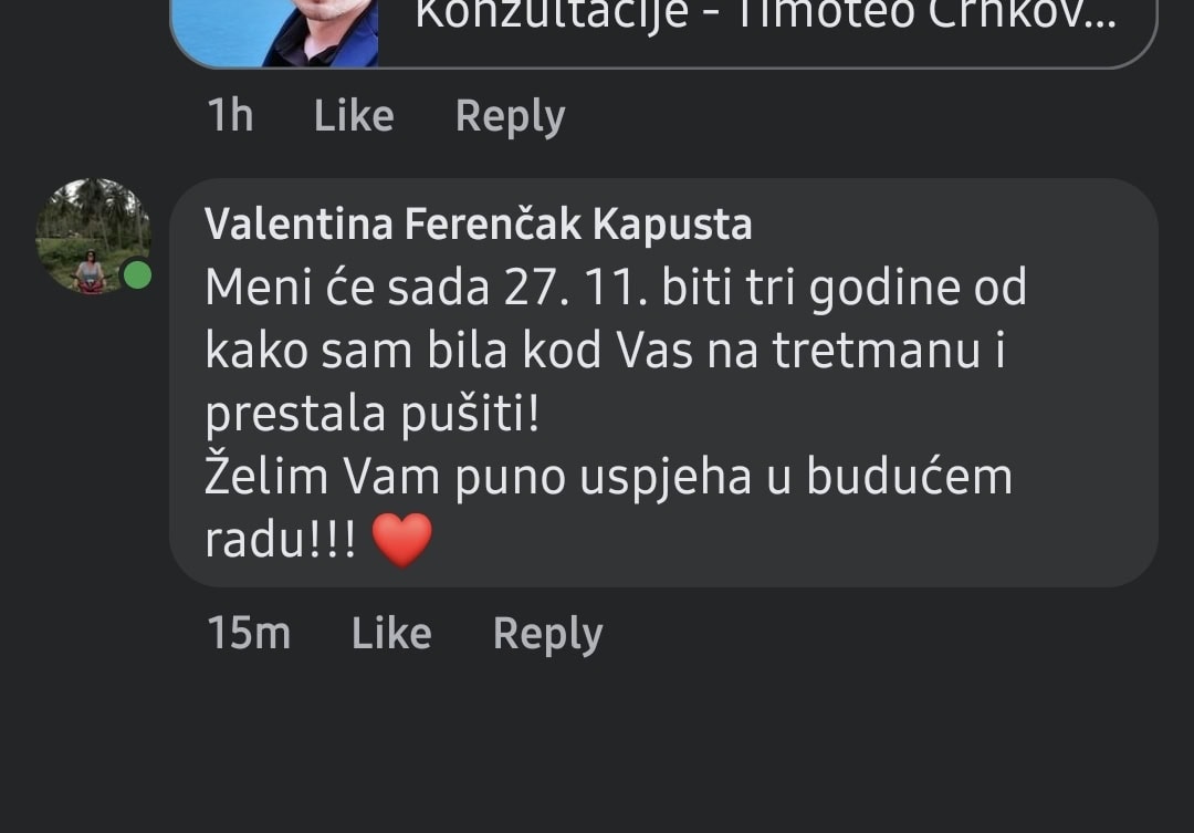 Screenshot Facebook komentara o prestanku pušenja