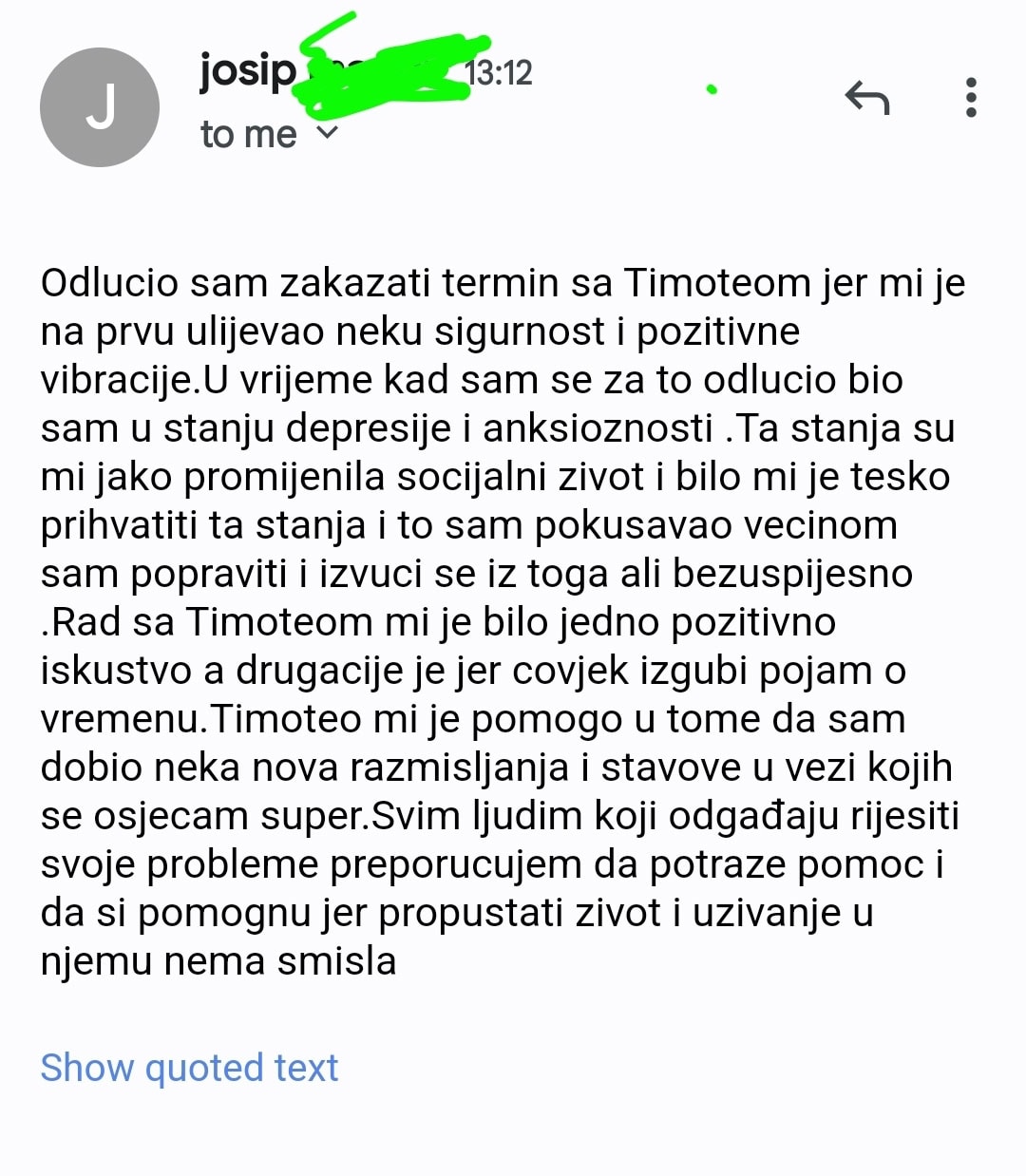 Snimka zaslona e-mail poruke s osobnim svjedočanstvom