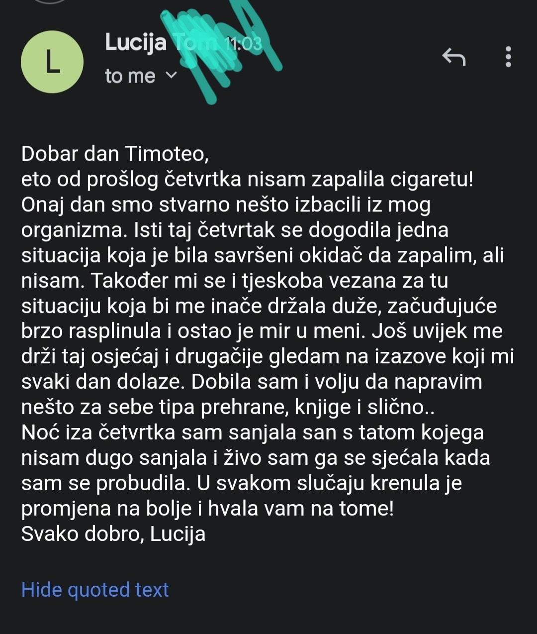 Snimka zaslona e-mail poruke na mobitelu