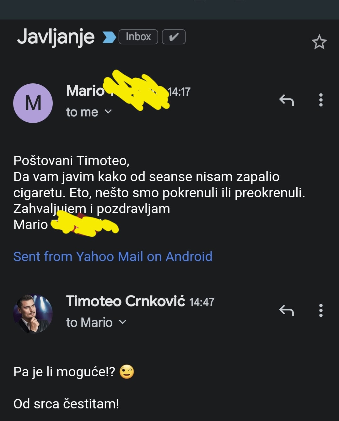 Snimka zaslona email razgovora o prestanku pušenja hipnozom