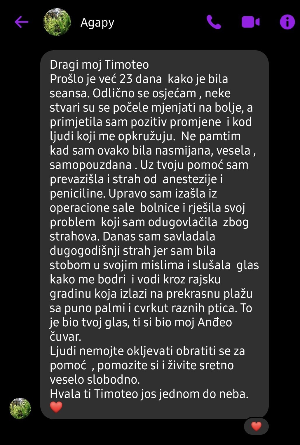 Snimka zaslona poruke zahvale u chatu