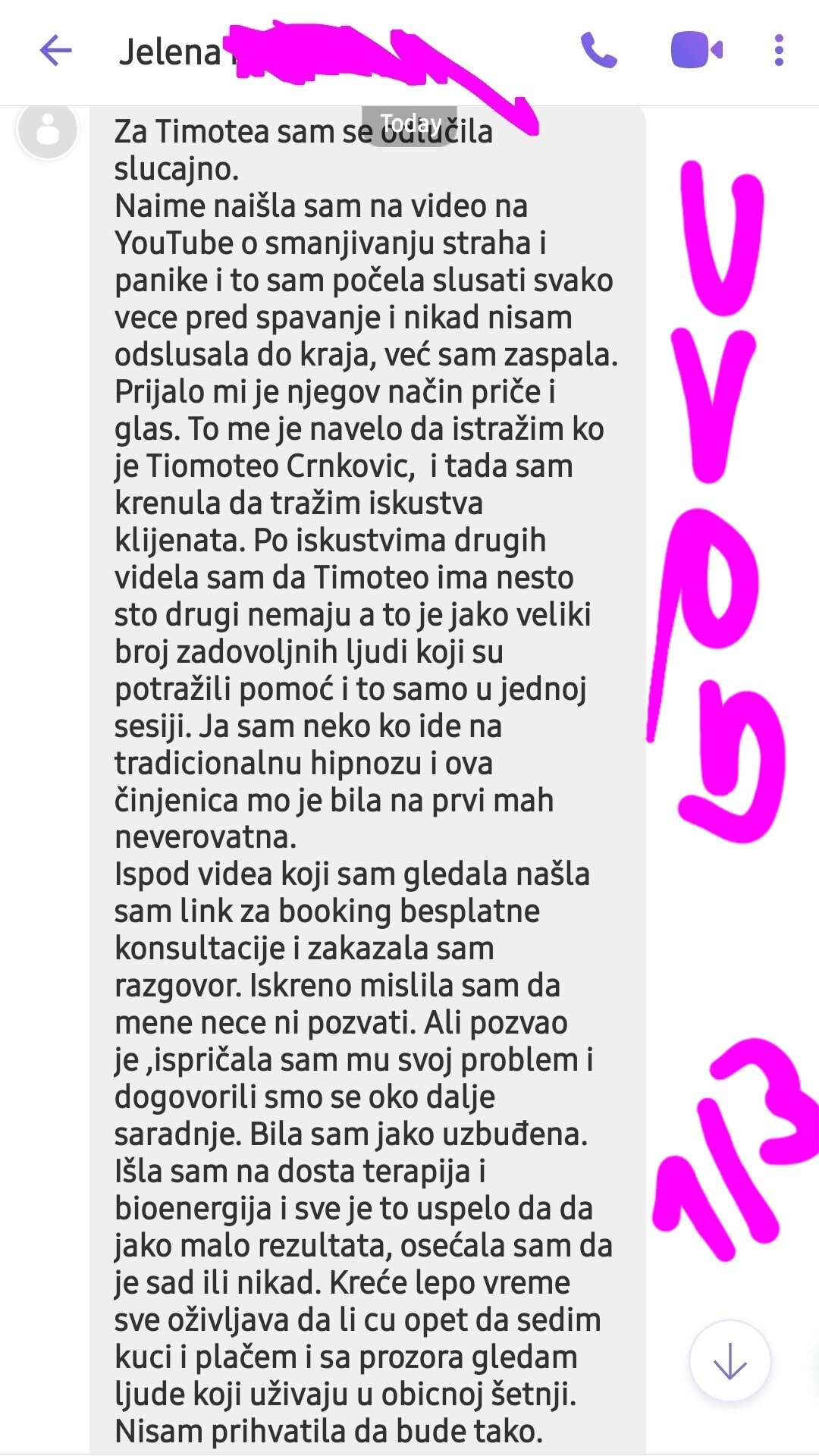 Snimka zaslona duge poruke u aplikaciji za dopisivanje