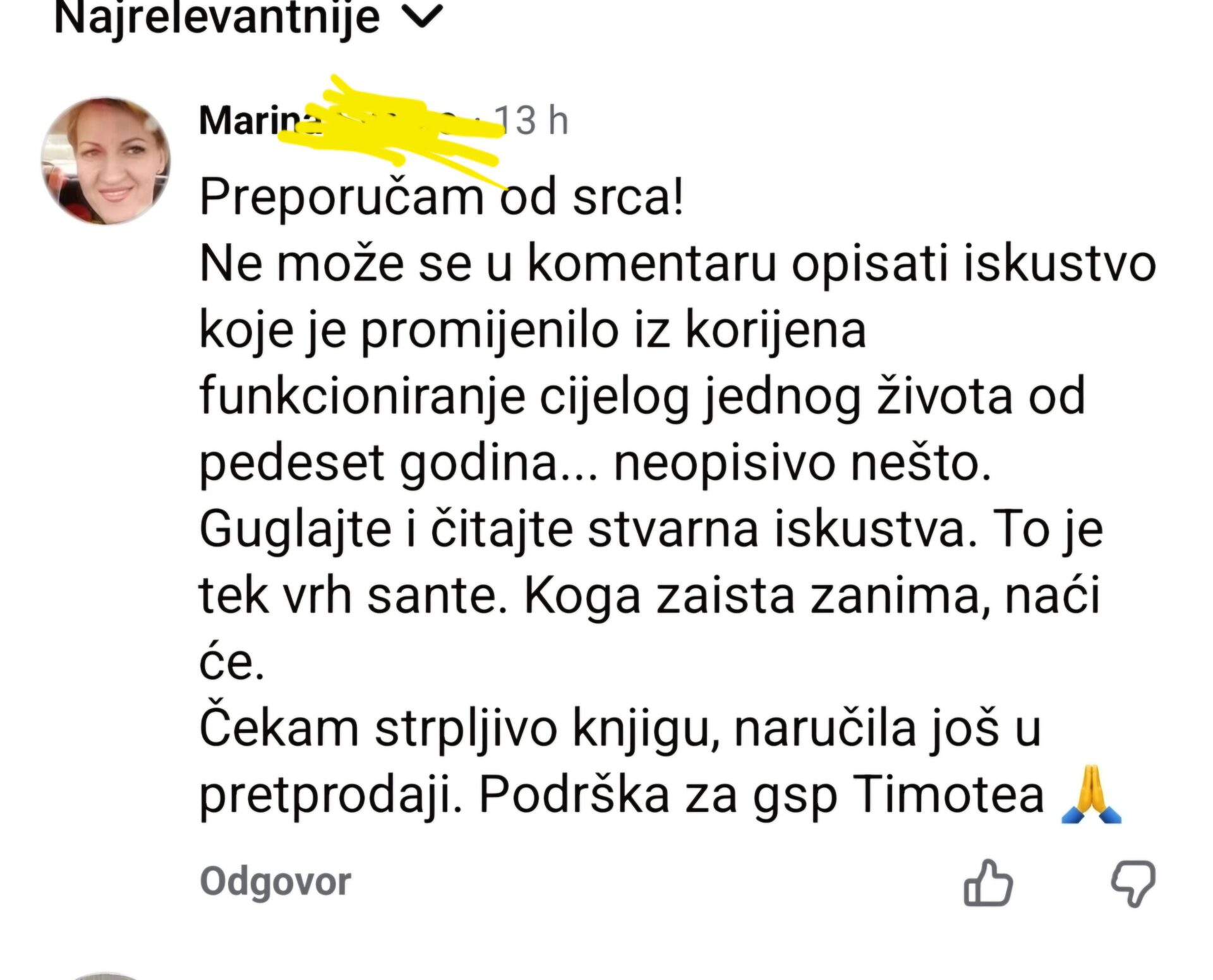 Snimka zaslona Facebook komentara s preporukom za Timtoea Crnkovića