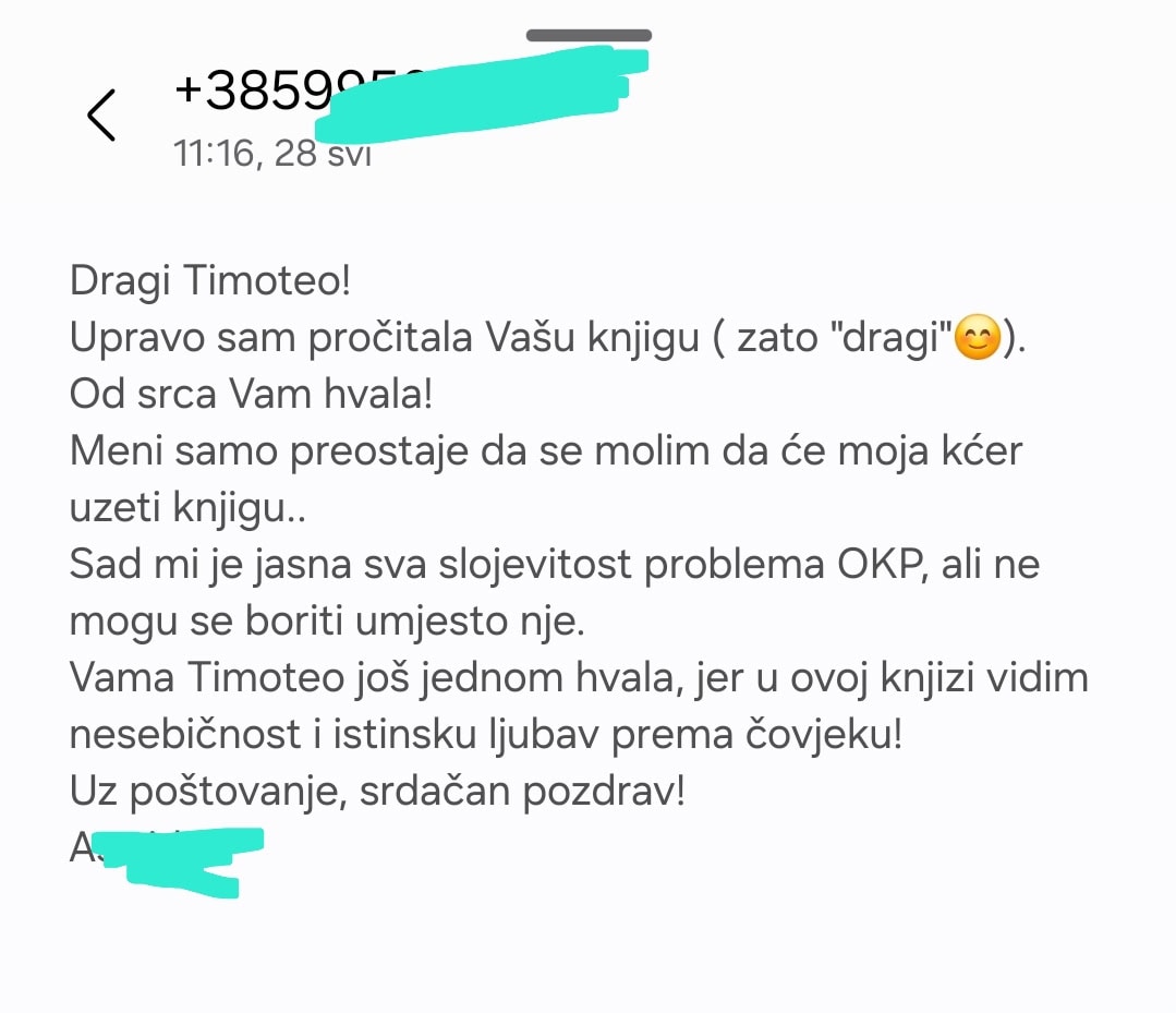 Snimka zaslona poruke zahvale autoru knjige